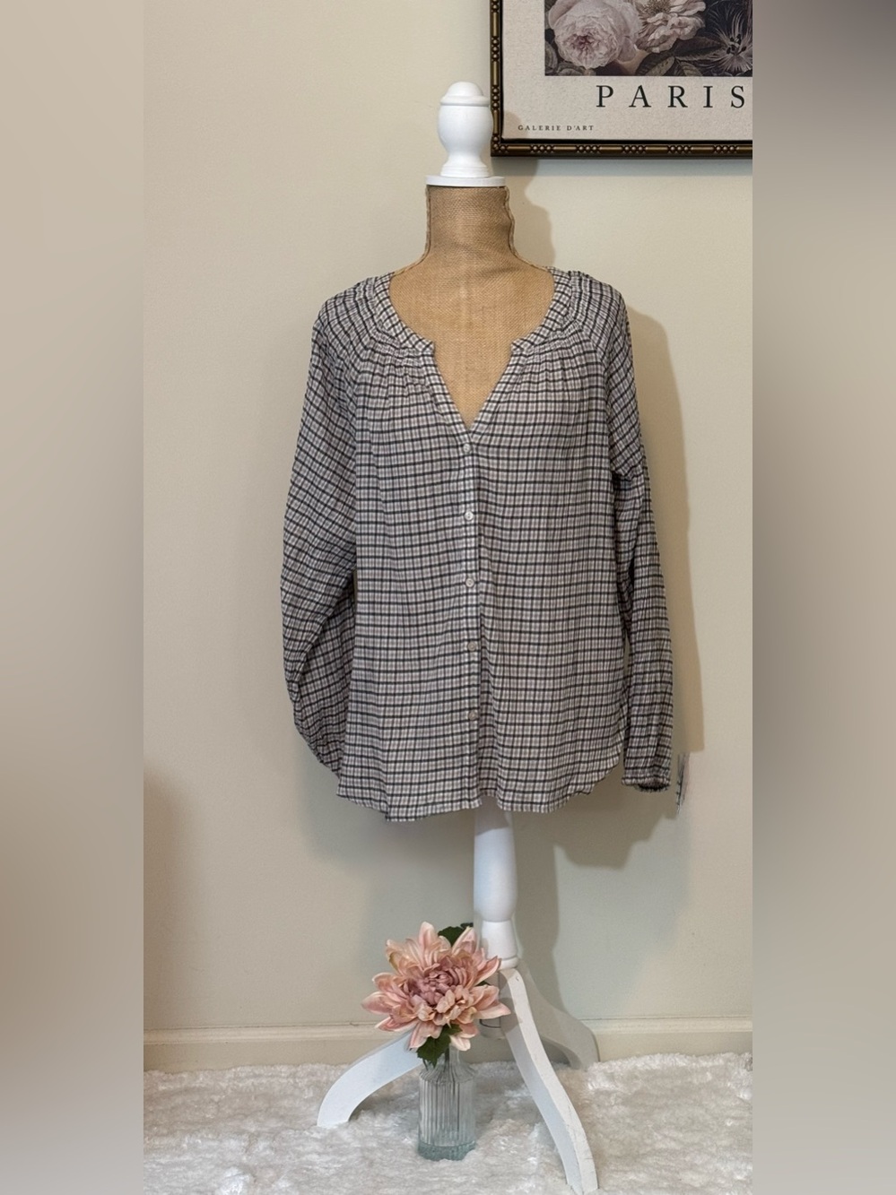 New 🍁 *FALL* Lucky Brand Brown Beige Plaid Button-Down Top, Medium